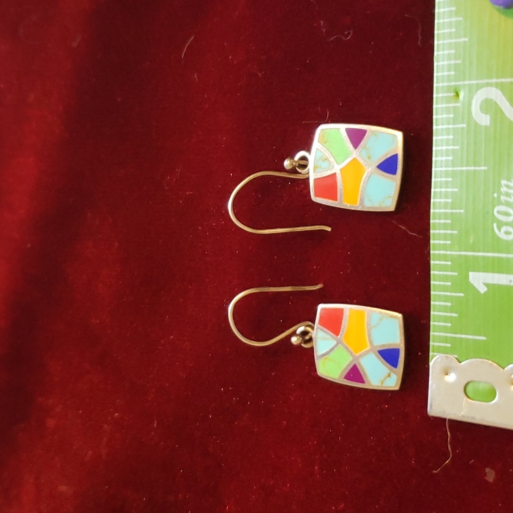 Vintage Inlaid Sterling Multi Stone Southwestern Handcrafted Artisan Earrings - Picture 10 of 11